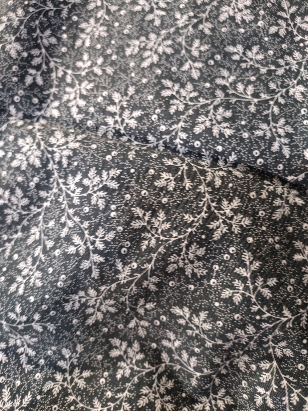 Dark Navy Blue Fabric with White Botanical Vine Print Cotton